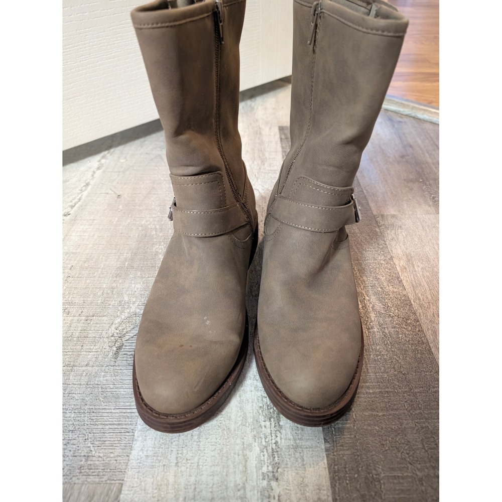 DV Dolce Vita Womens Moto Boots Taupe Brown Buckle Mid Calf Side Zip Size 8.5